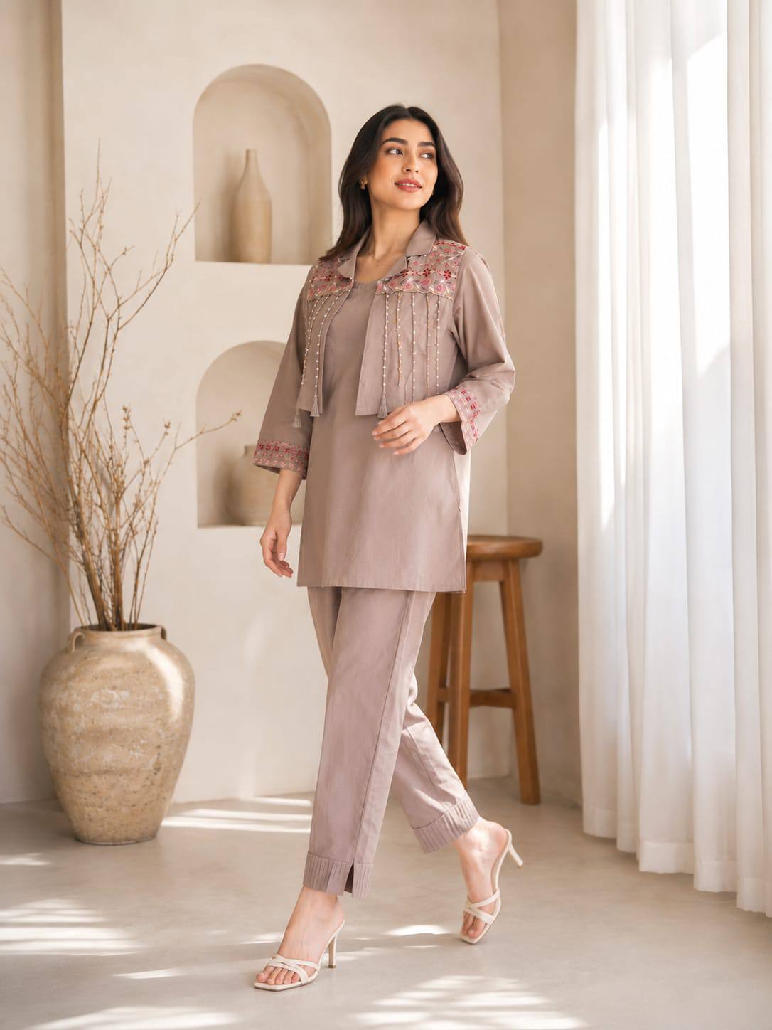 Taupe Embroidered Cotton Co-ord Set with Palazzo