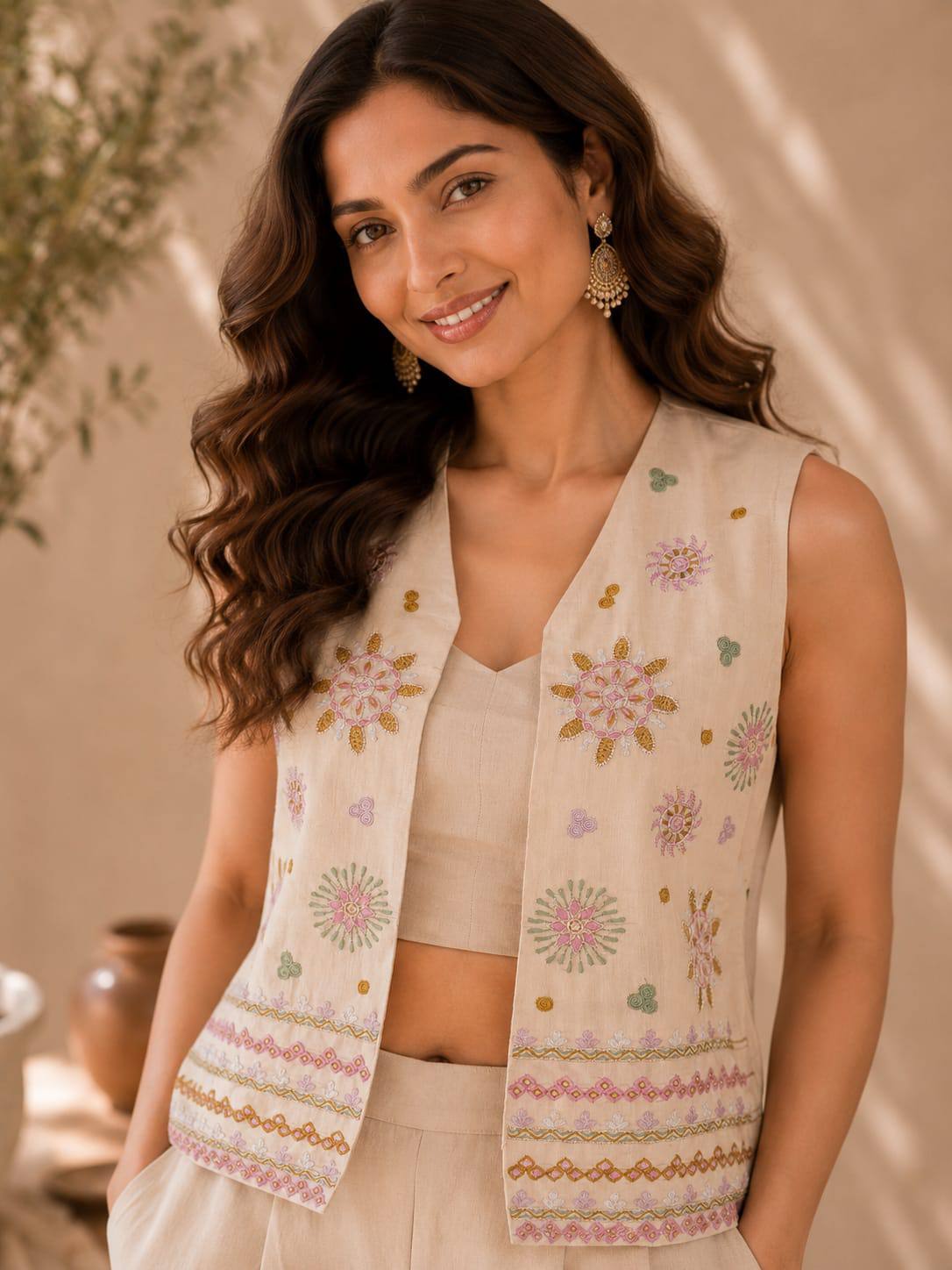 Ivory Embroidered Dhabu Cotton Co-ord Set with Wide Leg Palazzo