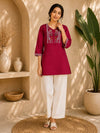 related-Berry Red Embroidered Dhabu Cotton Kurti Set for Women