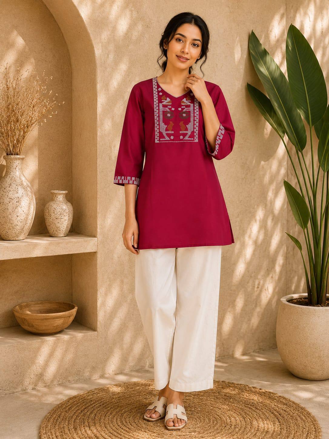 Berry Red Embroidered Dhabu Cotton Kurti Set for Women