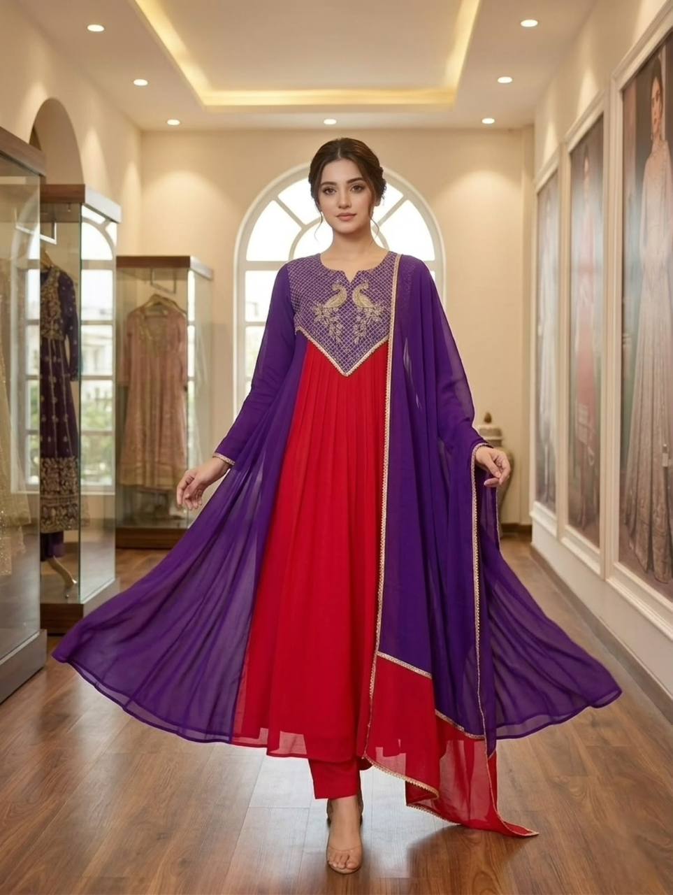 Purple & Red Embroidered Mul Chanderi Anarkali Kurta Set