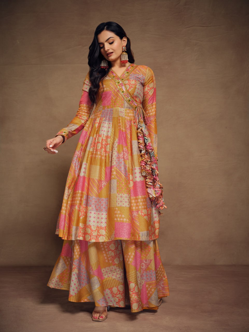 Mustard-Peach Tiered Angrakha Kurta Palazzo Set