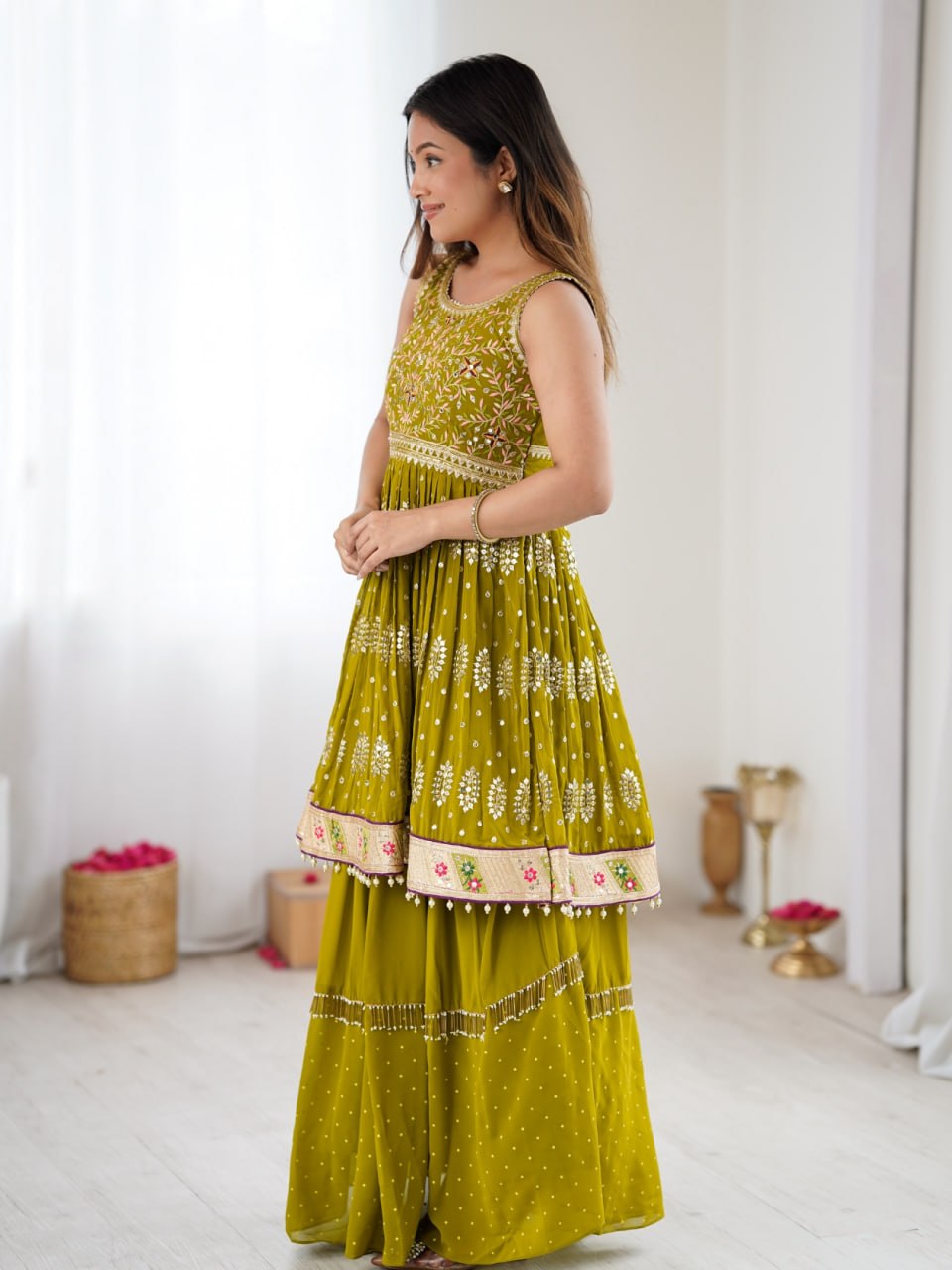 Mustard sequin embroidered kurta with coordinating lehenga