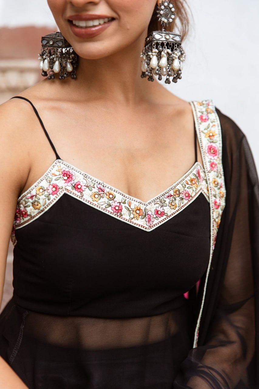 Black Embellished Georgette Flared Kurta Set with Dupatta