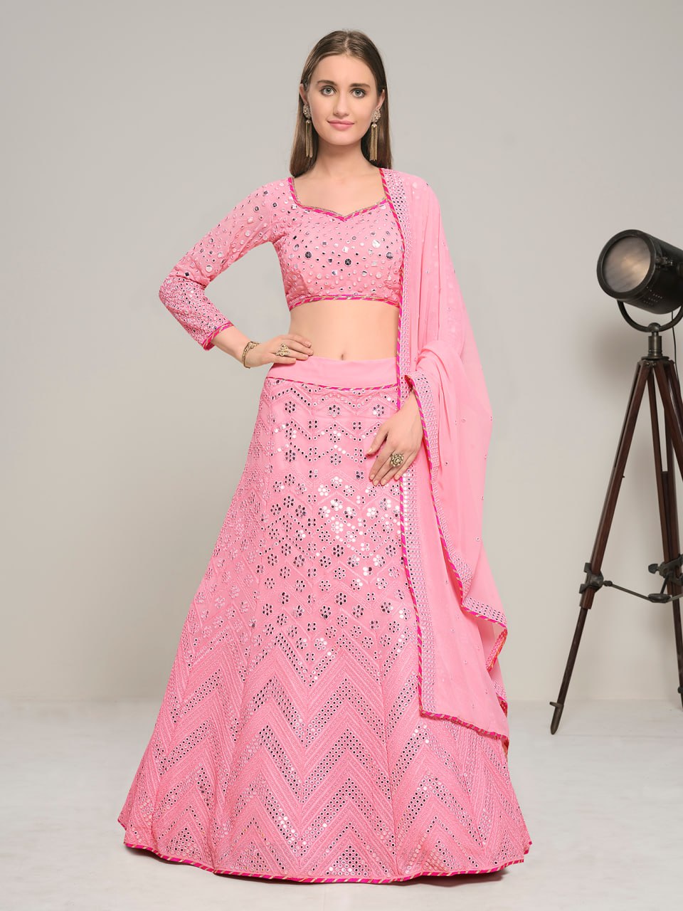 Baby Pink Embroidered Georgette Lehenga Choli Set with Dupatta