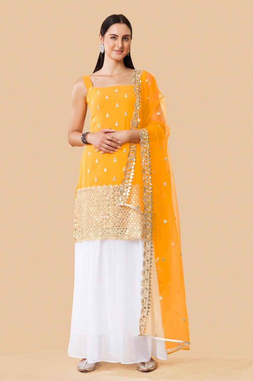 Yellow Embroidered Georgette Straight Kurta Palazzo Set with Dupatta