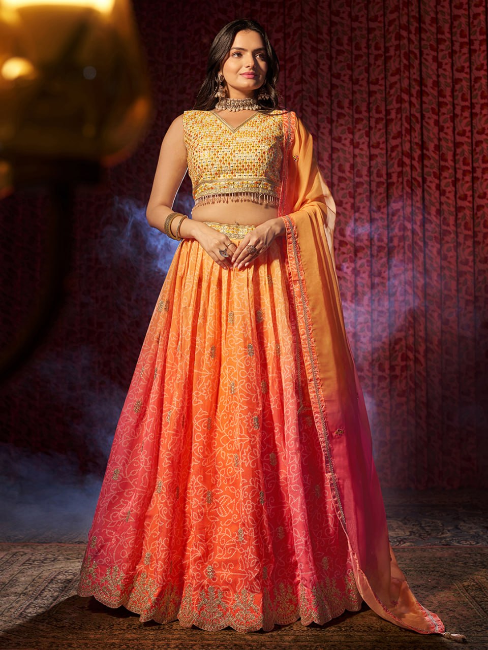 Orange Embroidered Organza Lehenga Choli Set with Pink Dupatta