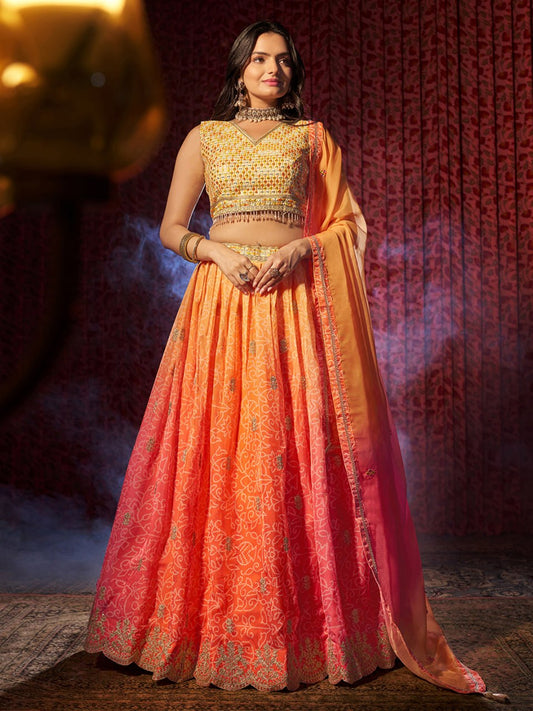 Orange Embroidered Organza Lehenga Choli Set with Pink Dupatta