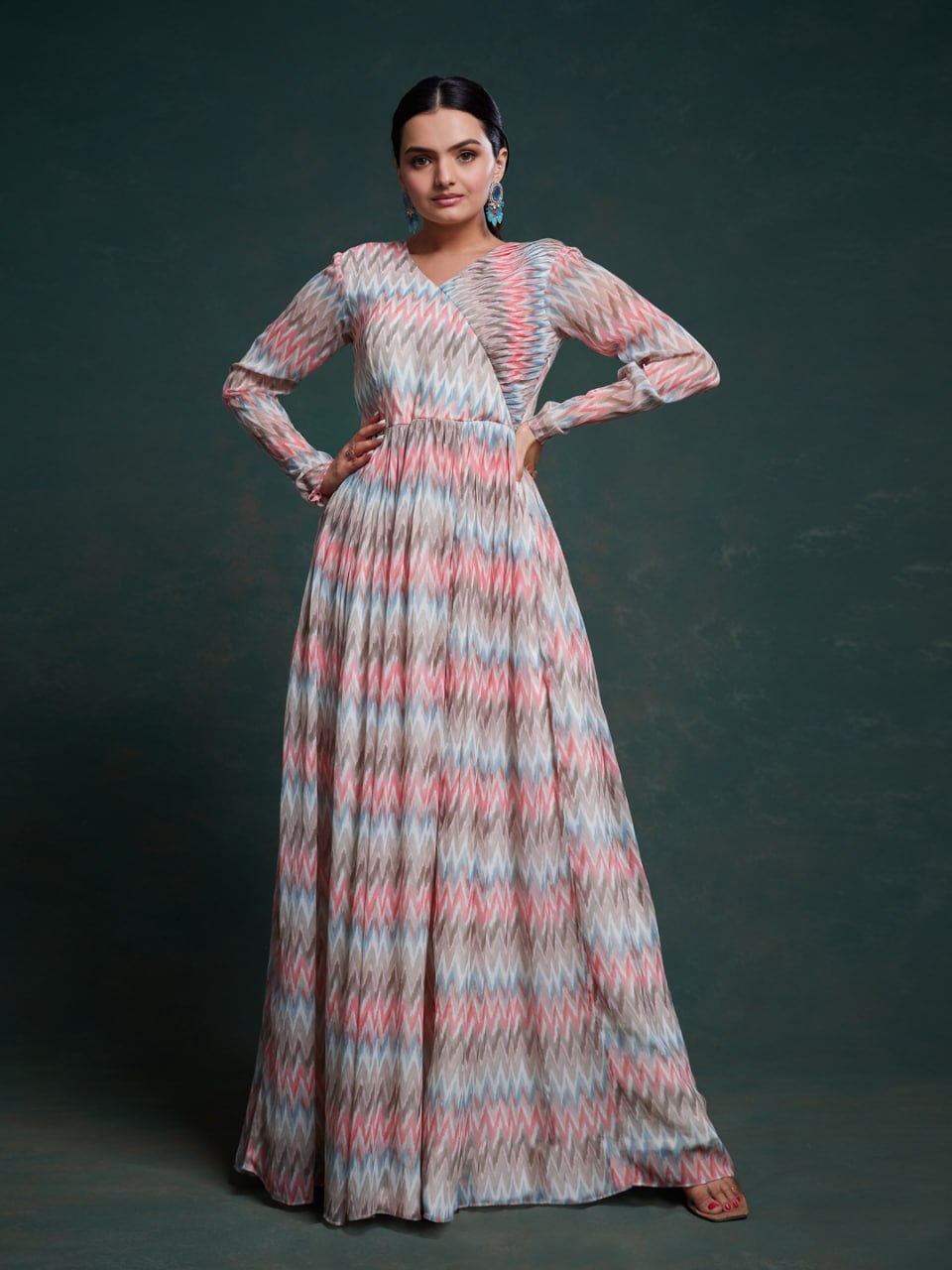 Pastel Chevron Empire Waist Fit and Flare Maxi Dress