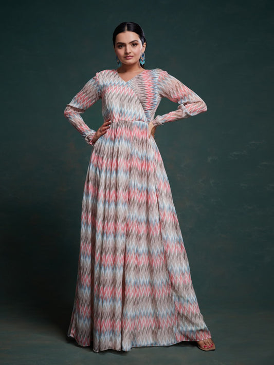 Pastel Chevron Empire Waist Fit and Flare Maxi Dress