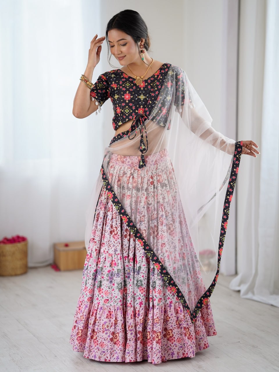Multicolour Floral Rayon Semi-Stitched Lehenga Choli Set