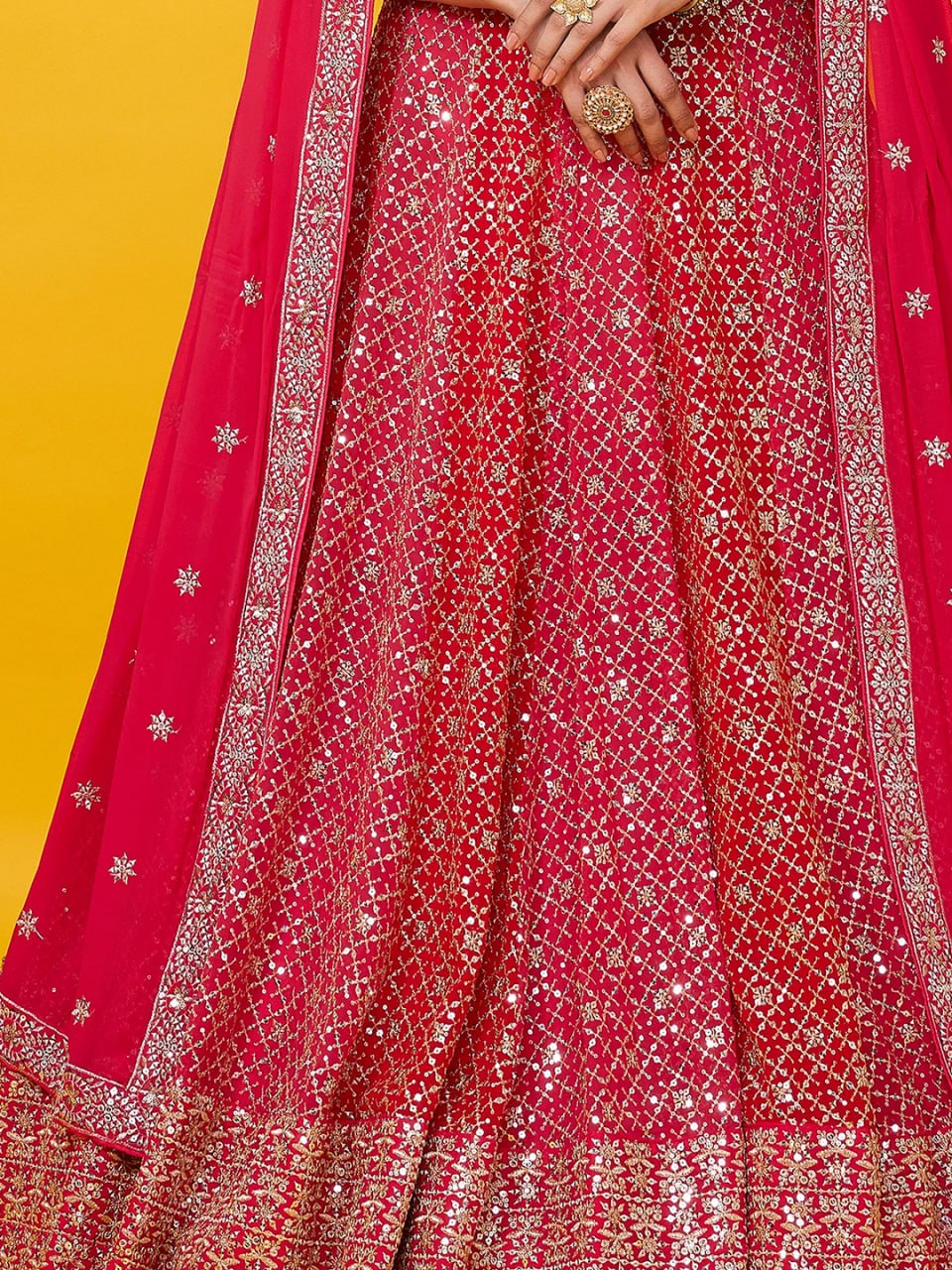 Red Sequined Georgette Lehenga Choli Set with Dupatta