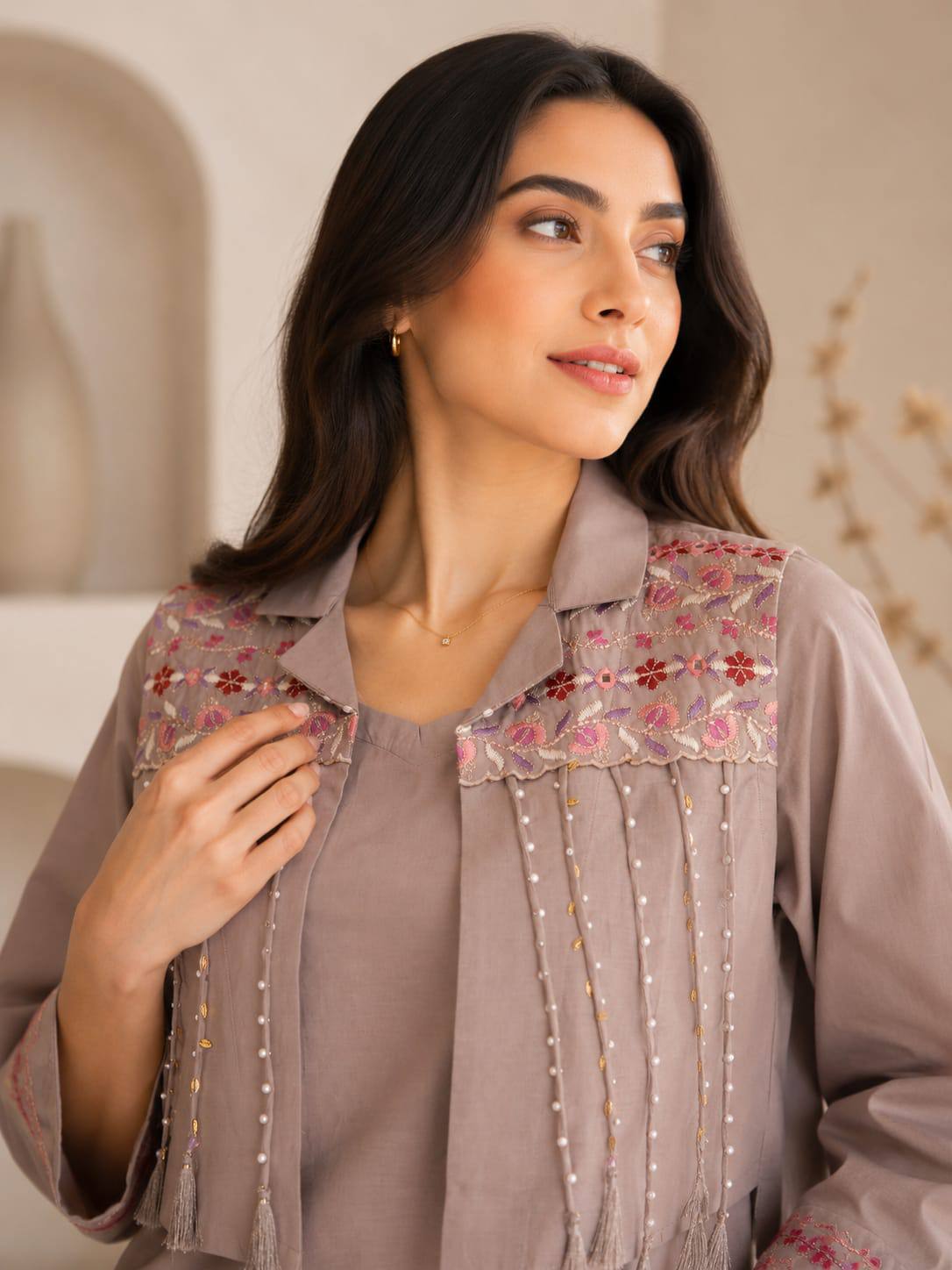 Taupe Embroidered Cotton Co-ord Set with Palazzo