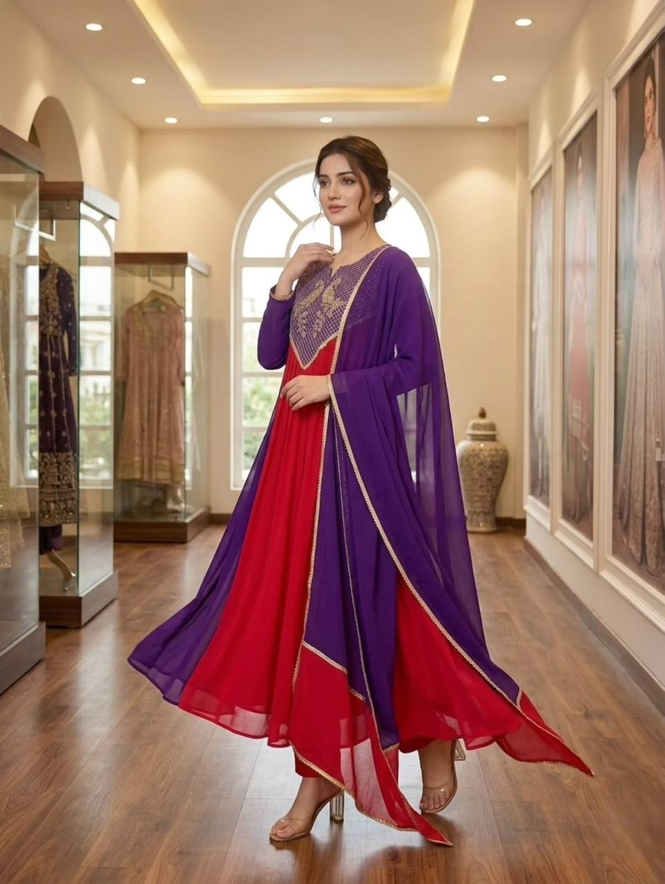 Purple & Red Embroidered Mul Chanderi Anarkali Kurta Set