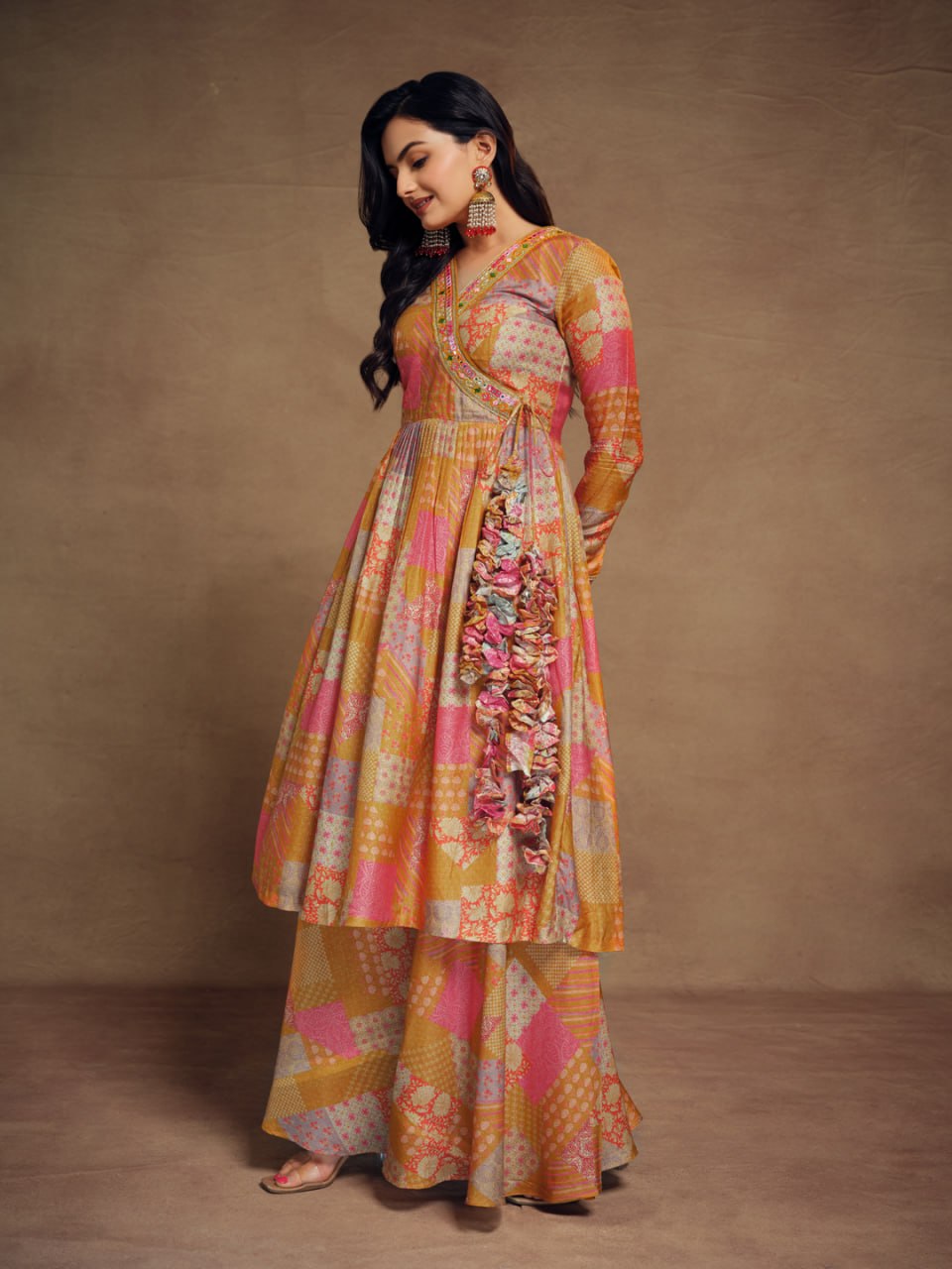 Mustard-Peach Tiered Angrakha Kurta Palazzo Set