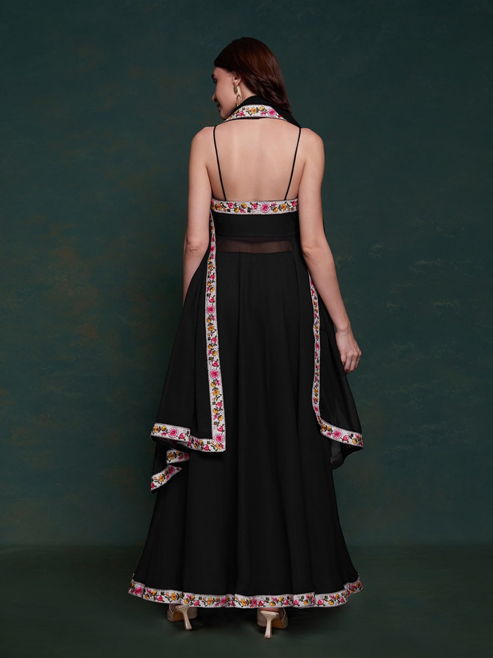 Black Embellished Georgette Flared Kurta Set with Dupatta