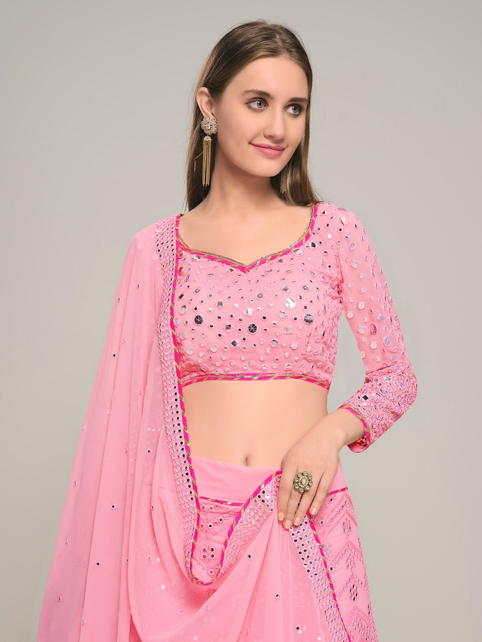 Baby Pink Embroidered Georgette Lehenga Choli Set with Dupatta