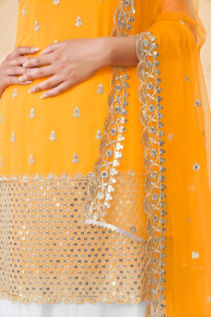 Yellow Embroidered Georgette Straight Kurta Palazzo Set with Dupatta