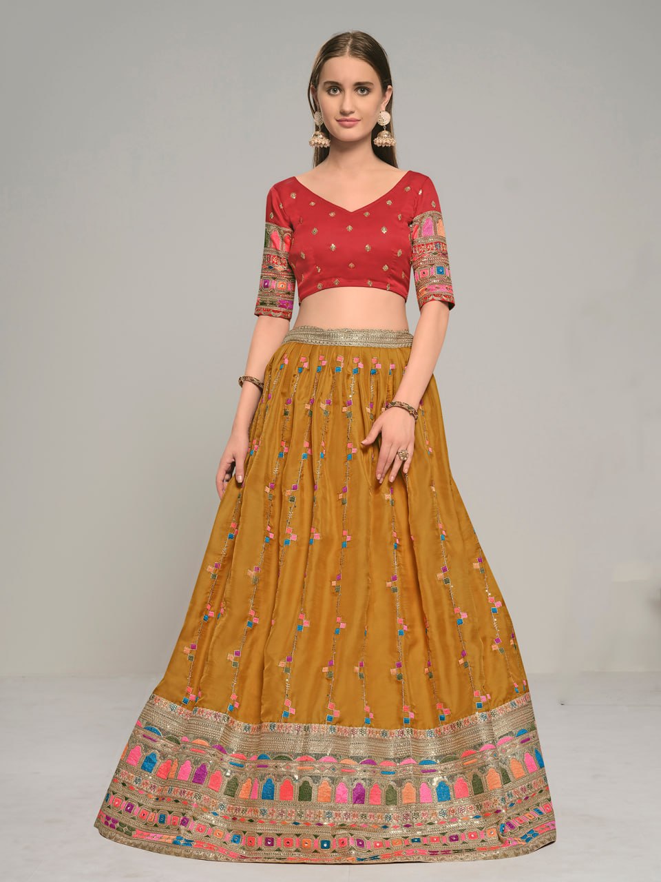 Mustard Embroidered Crepe Lehenga Choli Set with Dupatta