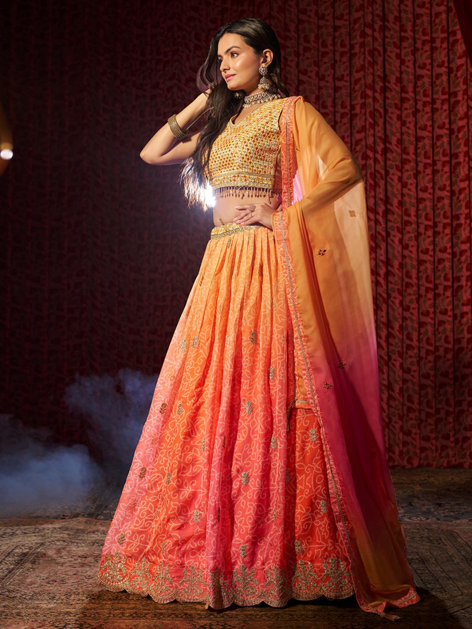 Orange Embroidered Organza Lehenga Choli Set with Pink Dupatta