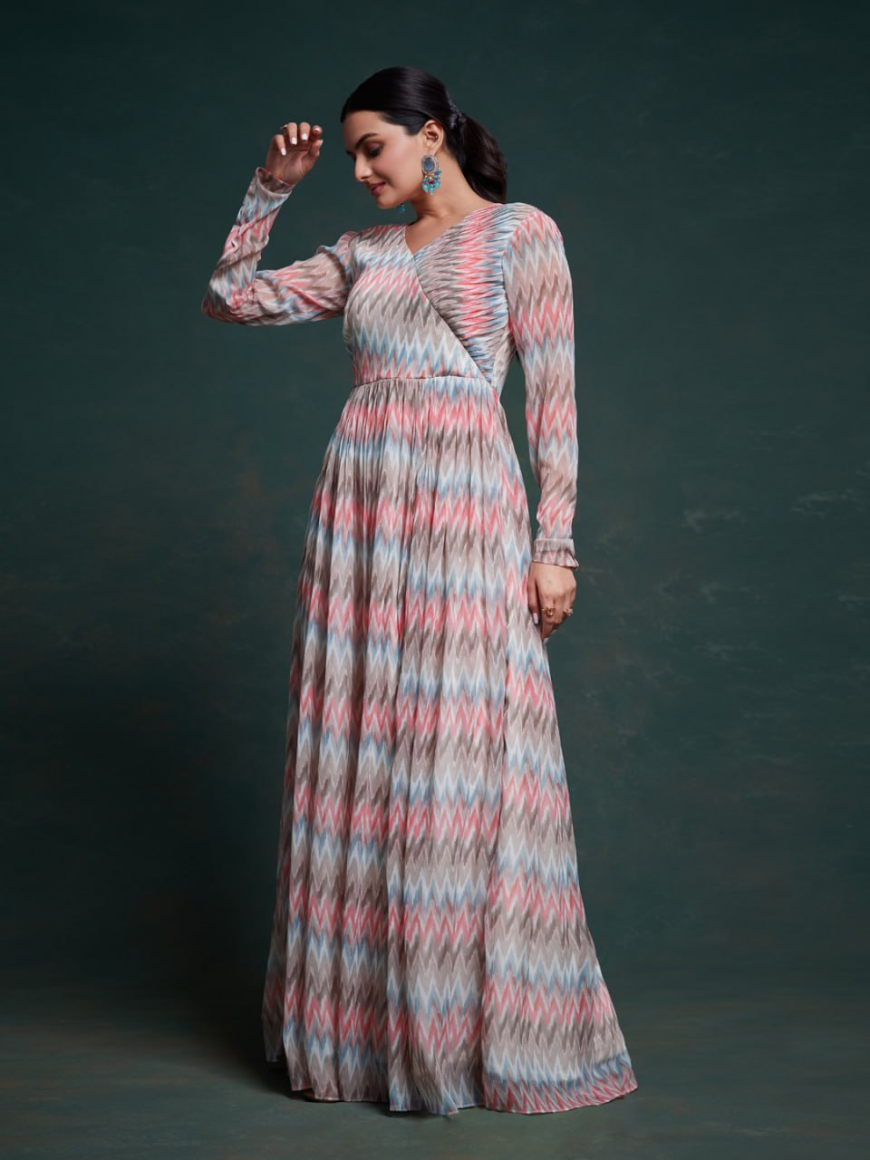 Pastel Chevron Empire Waist Fit and Flare Maxi Dress