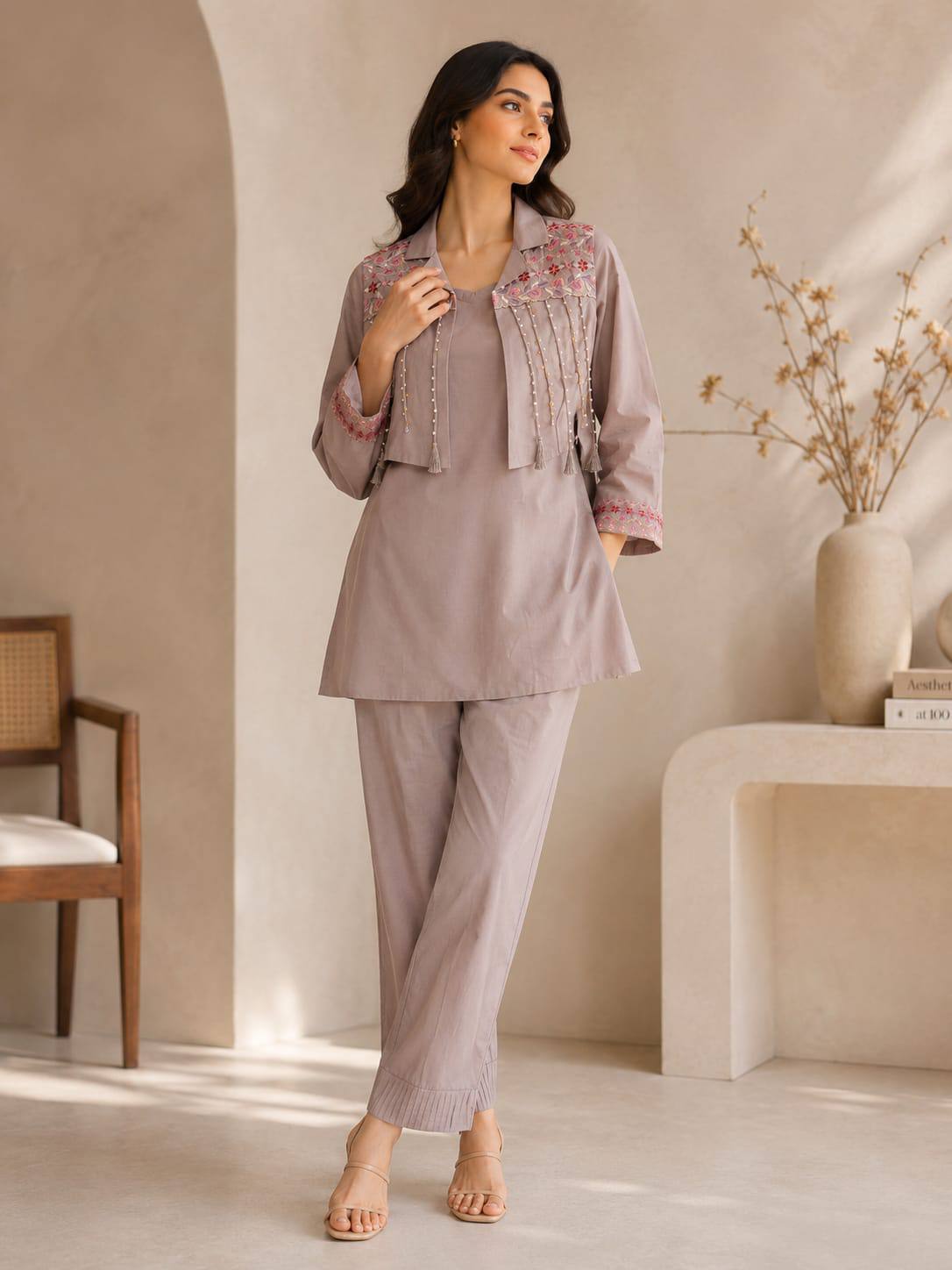 Taupe Embroidered Cotton Co-ord Set with Palazzo