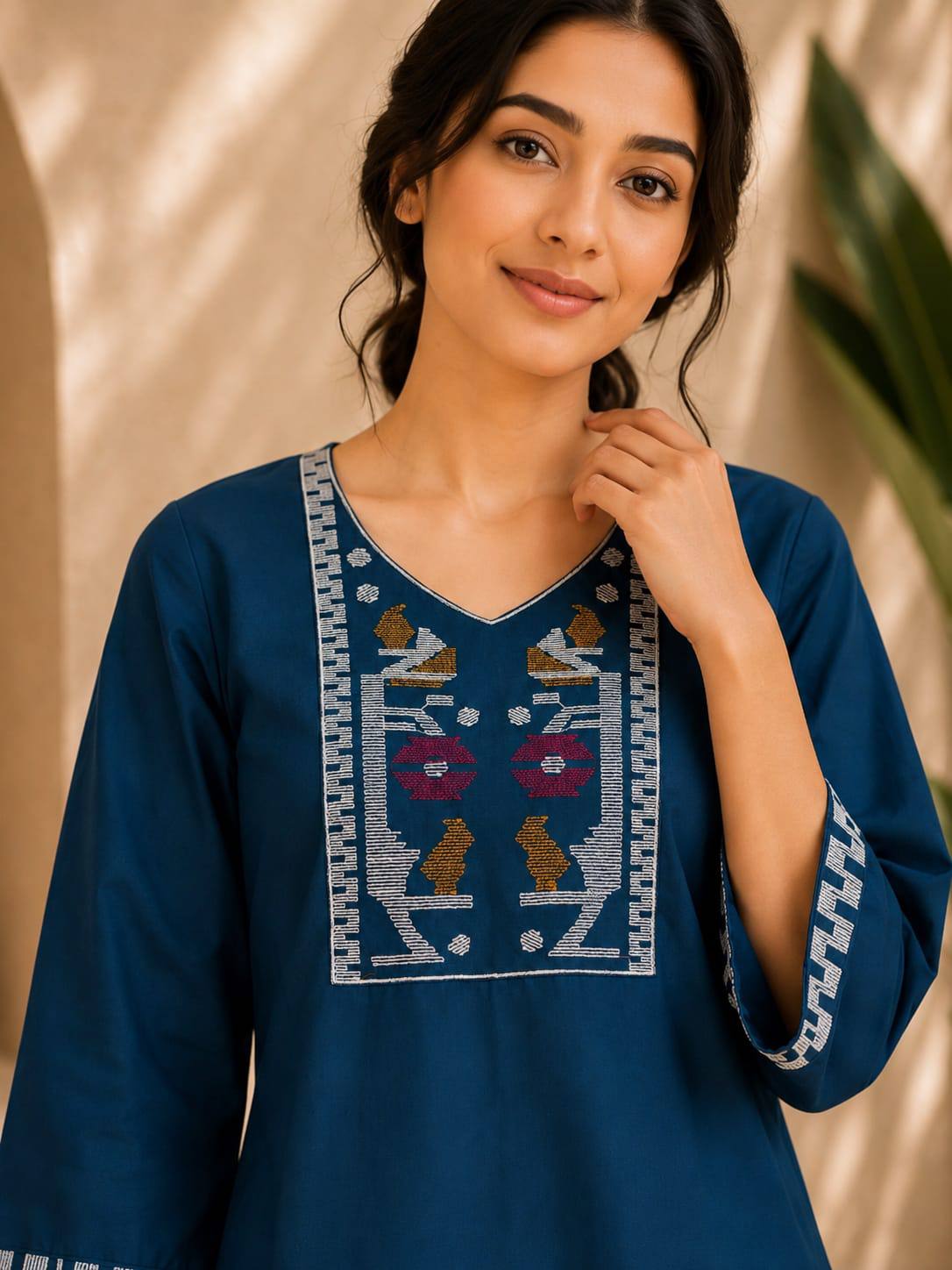 Navy Blue Embroidered Dhabu Cotton Kurti Set for Women