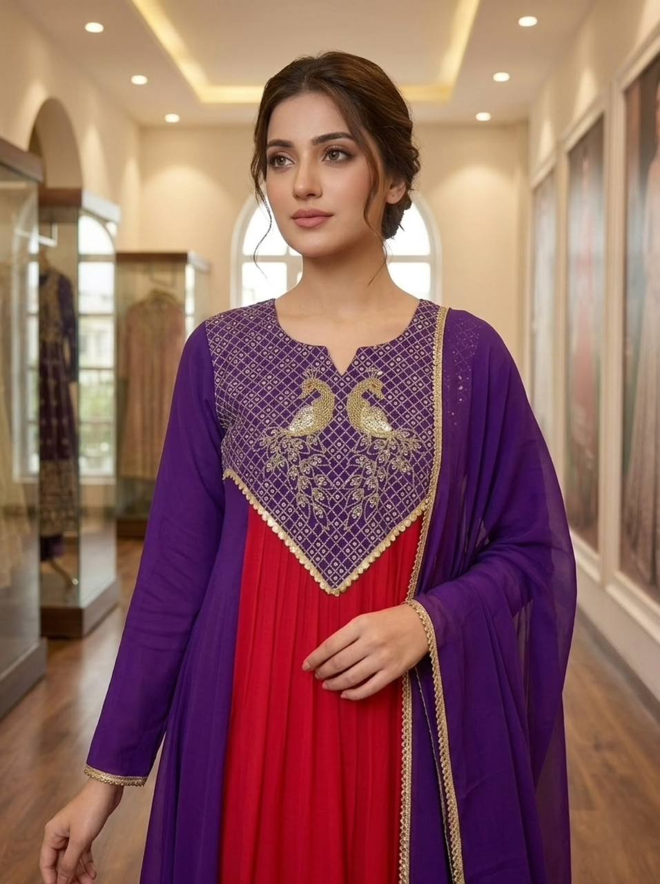 Purple & Red Embroidered Mul Chanderi Anarkali Kurta Set