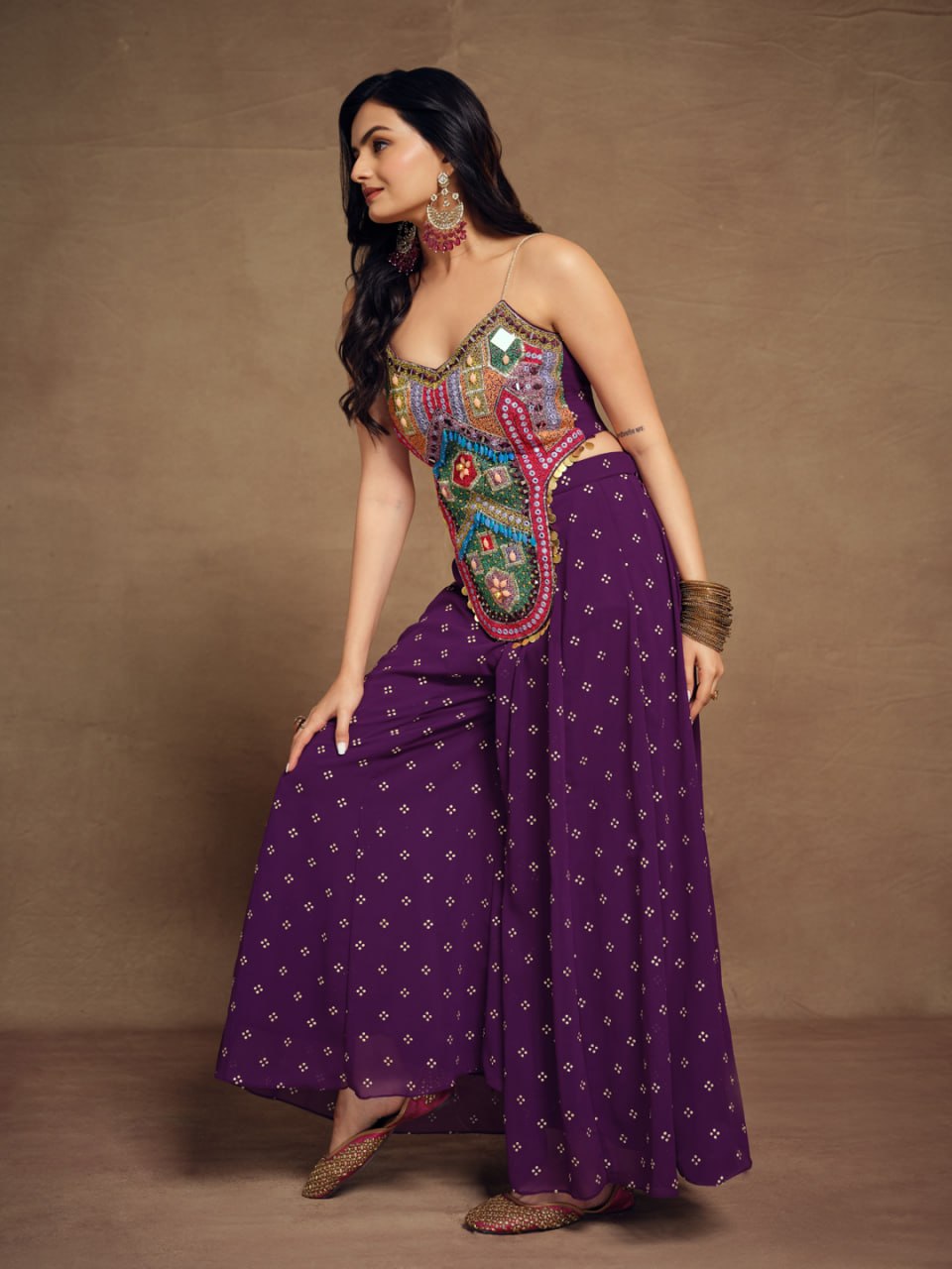 Apolyte Women's Purple Embroidered Georgette Co-Ord Set with Crop Top & Palazzo