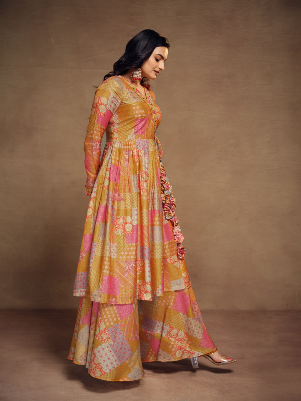 Mustard-Peach Tiered Angrakha Kurta Palazzo Set