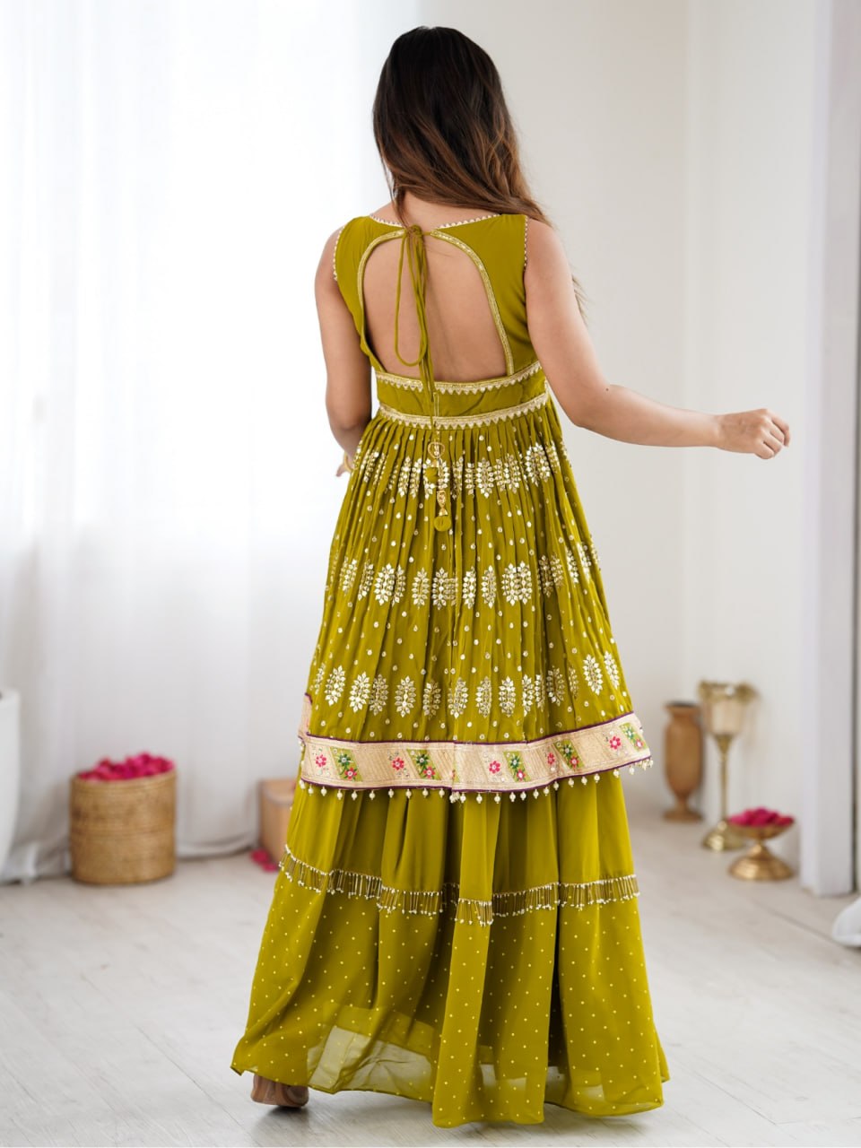 Women's mustard and lime green georgette lehenga set