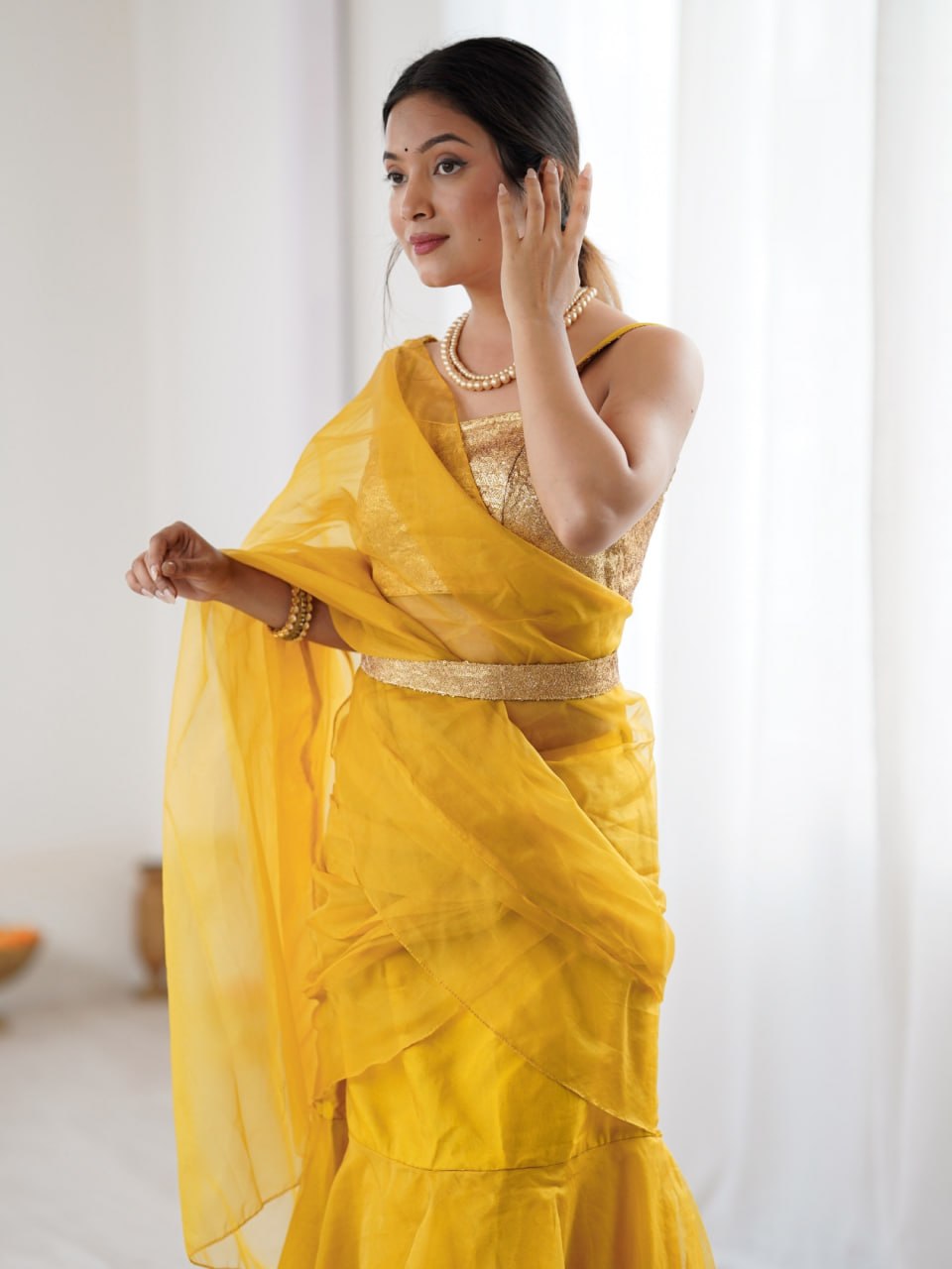 Mustard yellow ruffle organza pre-stitched saree for women