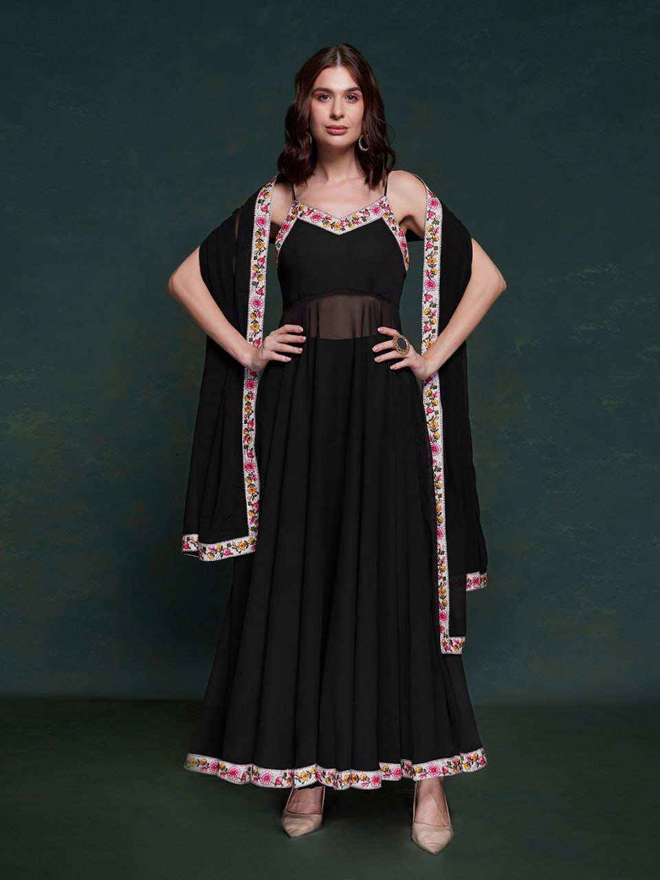 Black Embellished Georgette Flared Kurta Set with Dupatta
