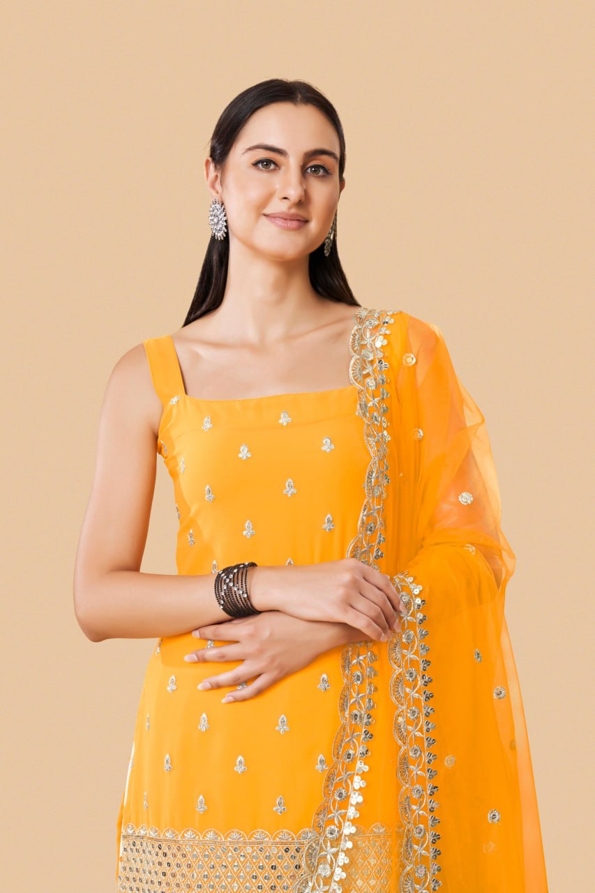 Yellow Embroidered Georgette Straight Kurta Palazzo Set with Dupatta