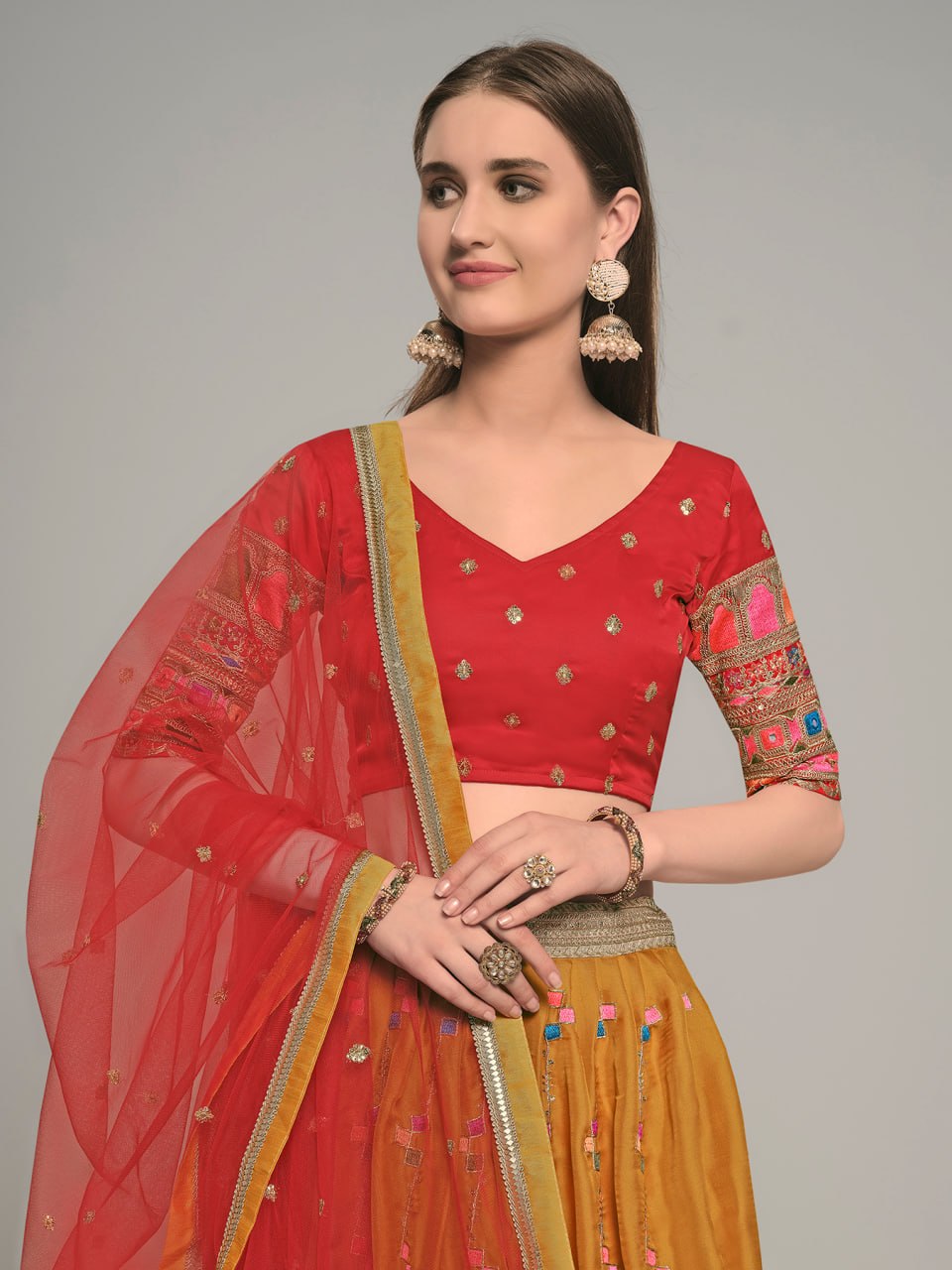 Mustard Embroidered Crepe Lehenga Choli Set with Dupatta