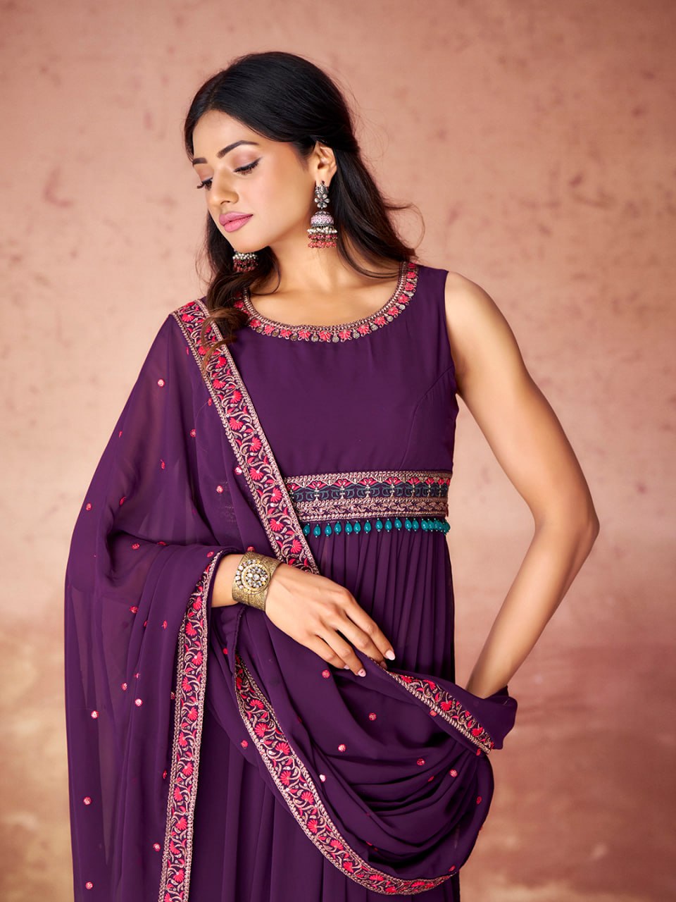Deep Purple Embroidered Georgette Anarkali Kurta Set with Dupatta