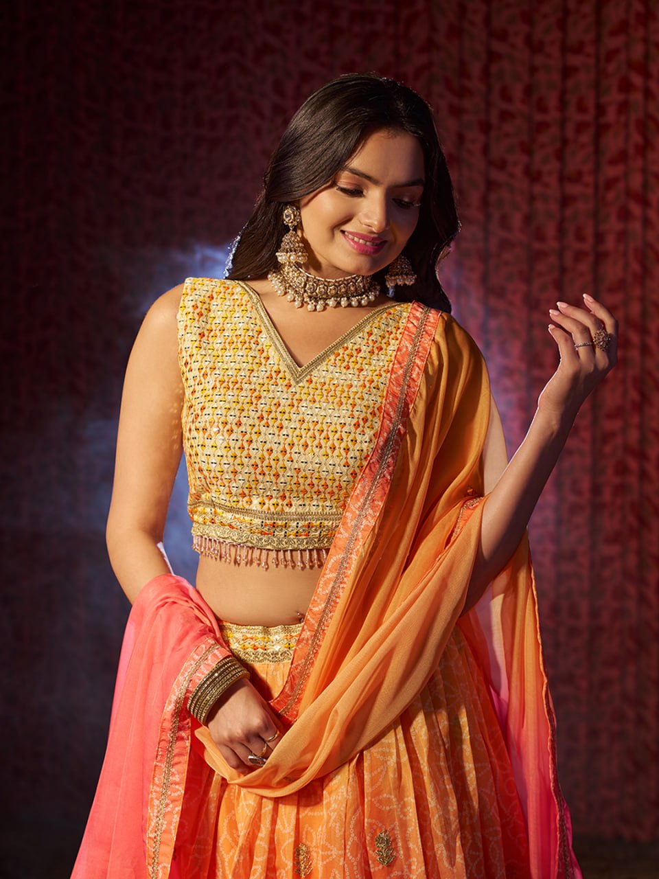 Orange Embroidered Organza Lehenga Choli Set with Pink Dupatta