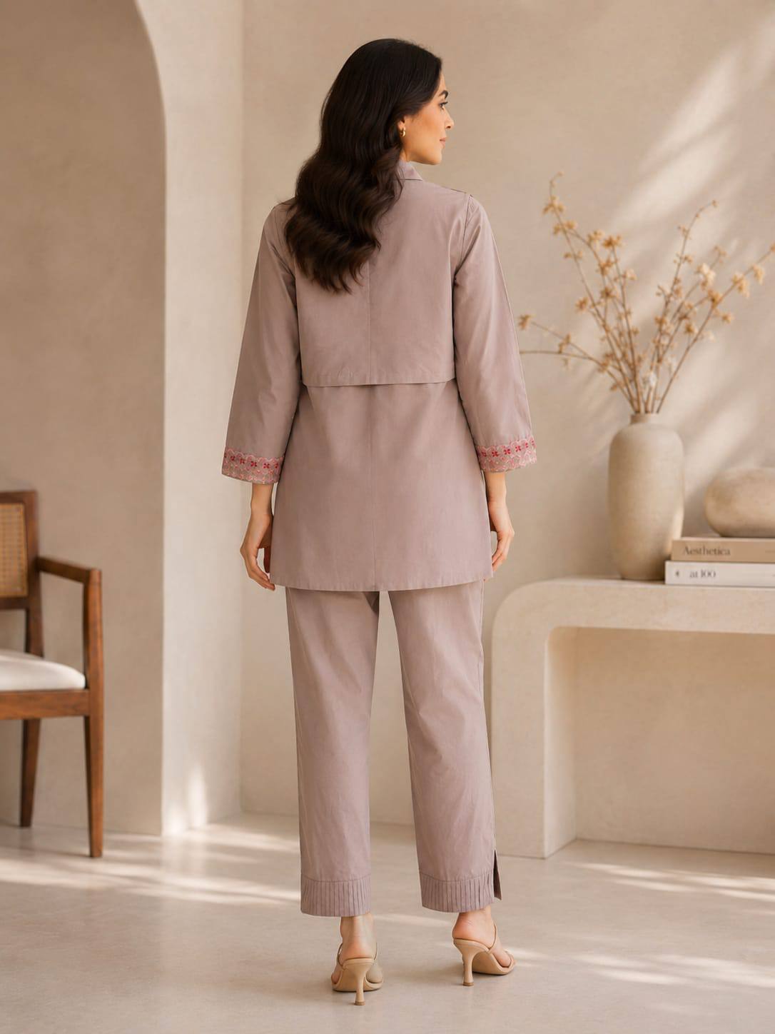 Taupe Embroidered Cotton Co-ord Set with Palazzo