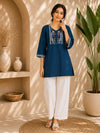 related-Navy Blue Embroidered Dhabu Cotton Kurti Set for Women