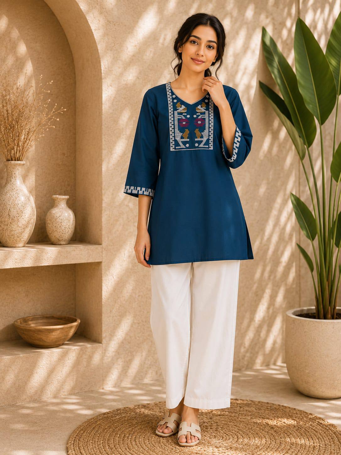 Navy Blue Embroidered Dhabu Cotton Kurti Set for Women