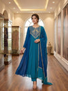 related-Teal Blue Embroidered Mul Chanderi Anarkali Kurta Set