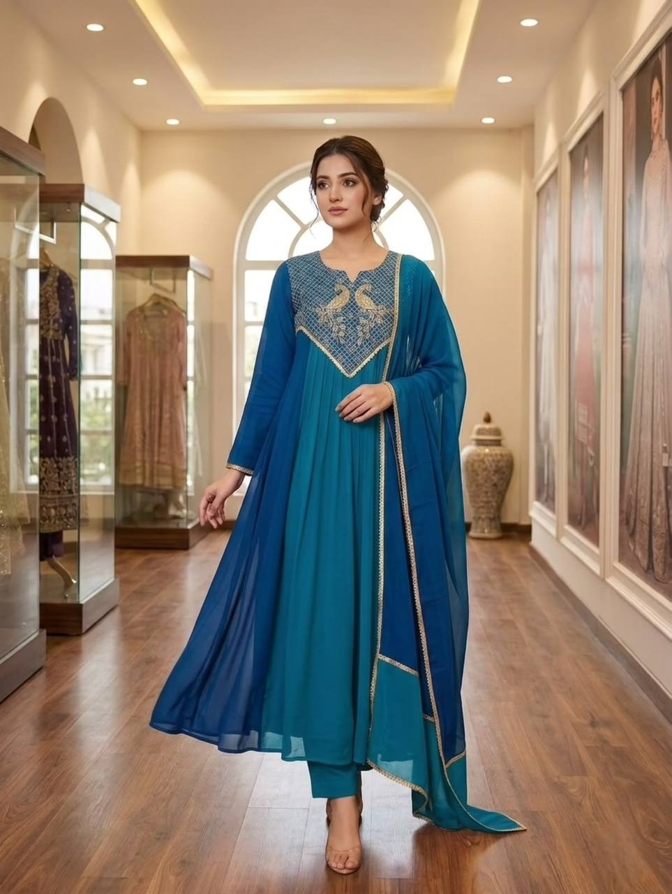 Teal Blue Embroidered Mul Chanderi Anarkali Kurta Set