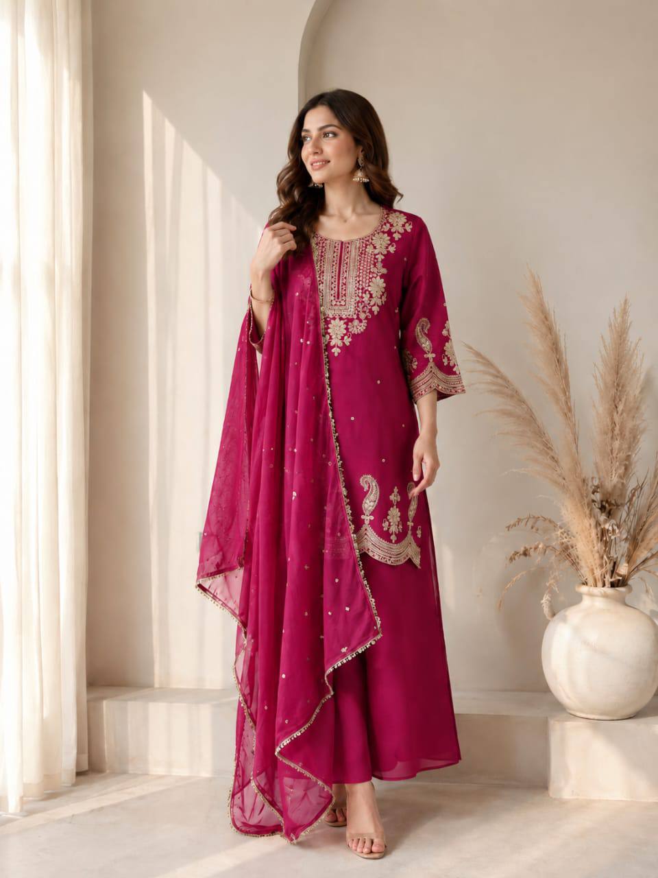 Magenta Embroidered Kurta Palazzo Set with Sequined Dupatta