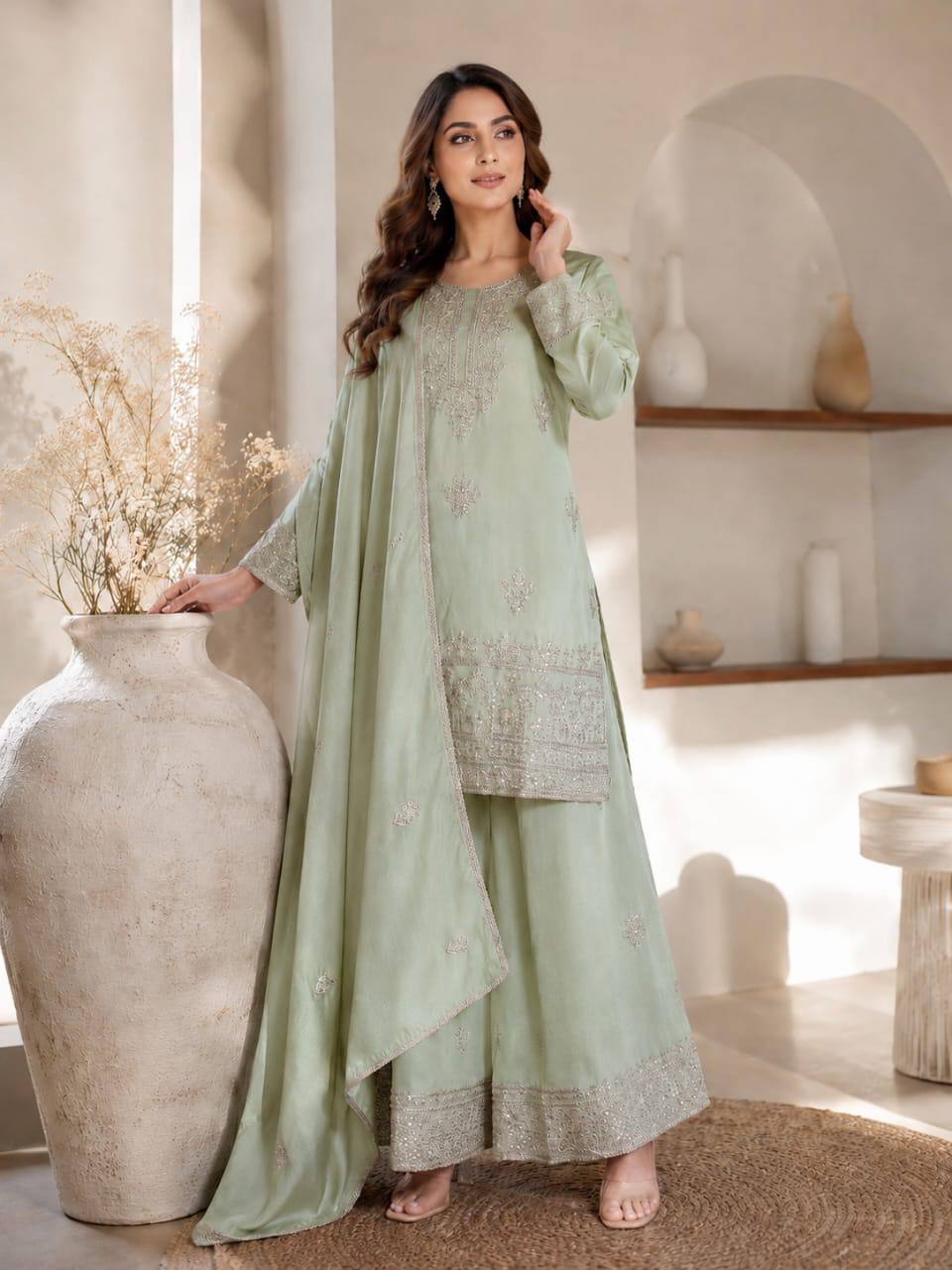 Ash Gray Women's Vichitra Silk Embroidered Kurta Set with Palazzo & Dupatta