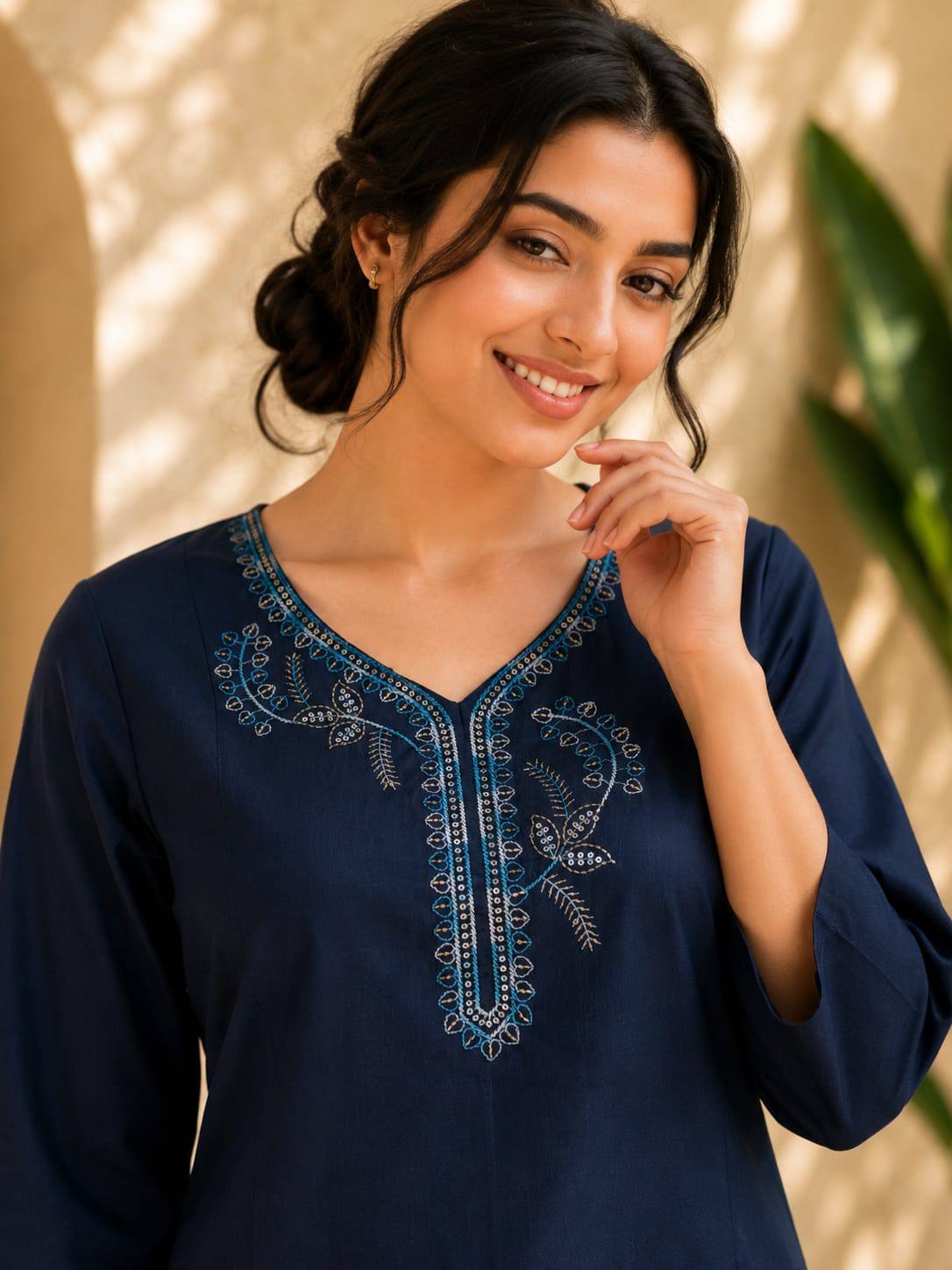 Apolyte Women's Deep Navy Roman Silk Embroidered Kurta Pant Set with Dupatta | Party & Festive Wear