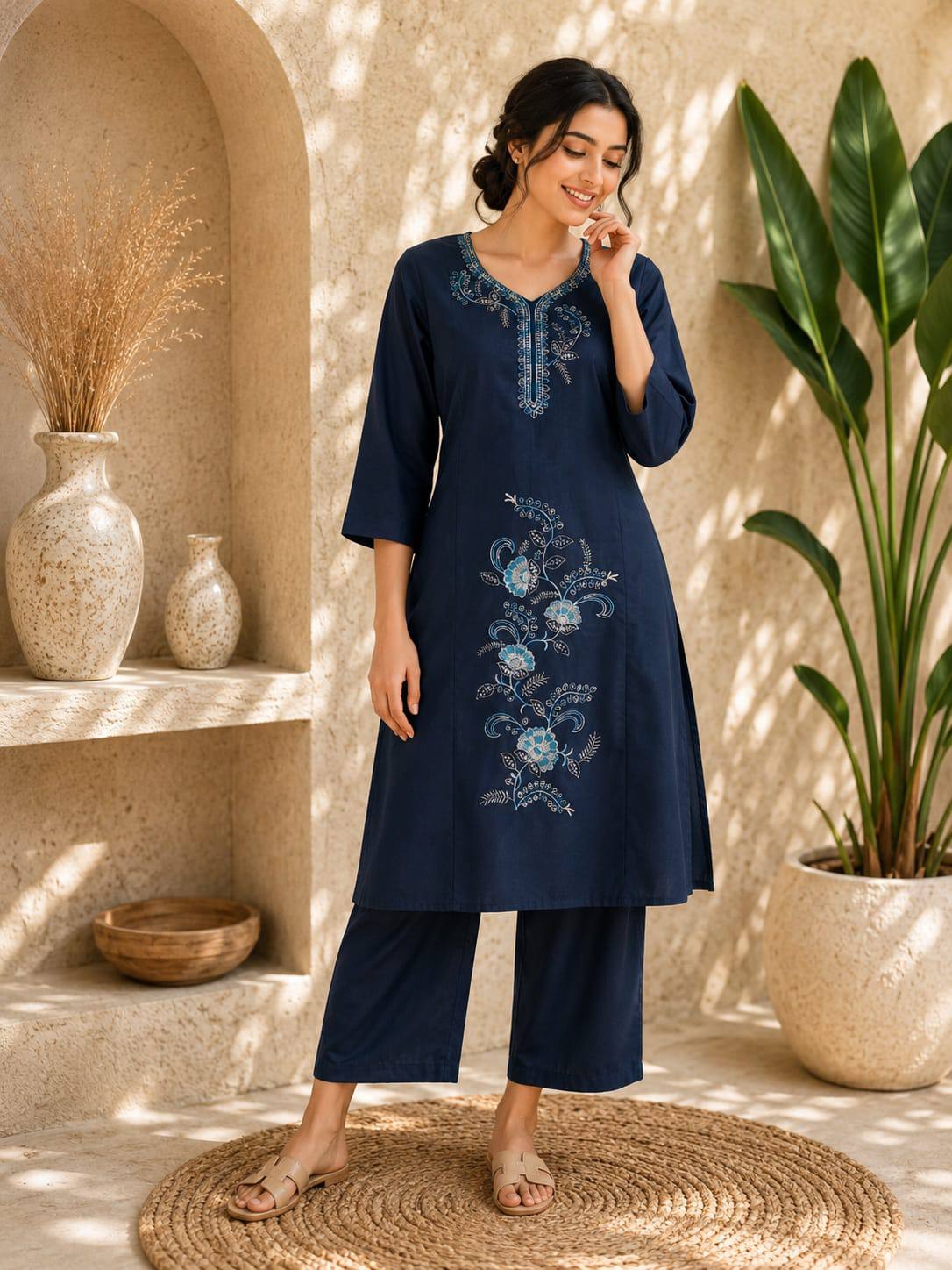 Apolyte Women's Deep Navy Roman Silk Embroidered Kurta Pant Set with Dupatta | Party & Festive Wear