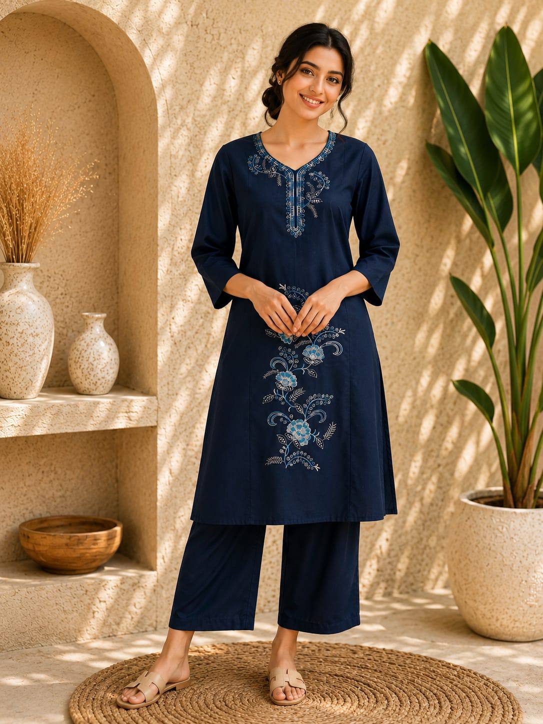 Apolyte Women's Deep Navy Roman Silk Embroidered Kurta Pant Set with Dupatta | Party & Festive Wear