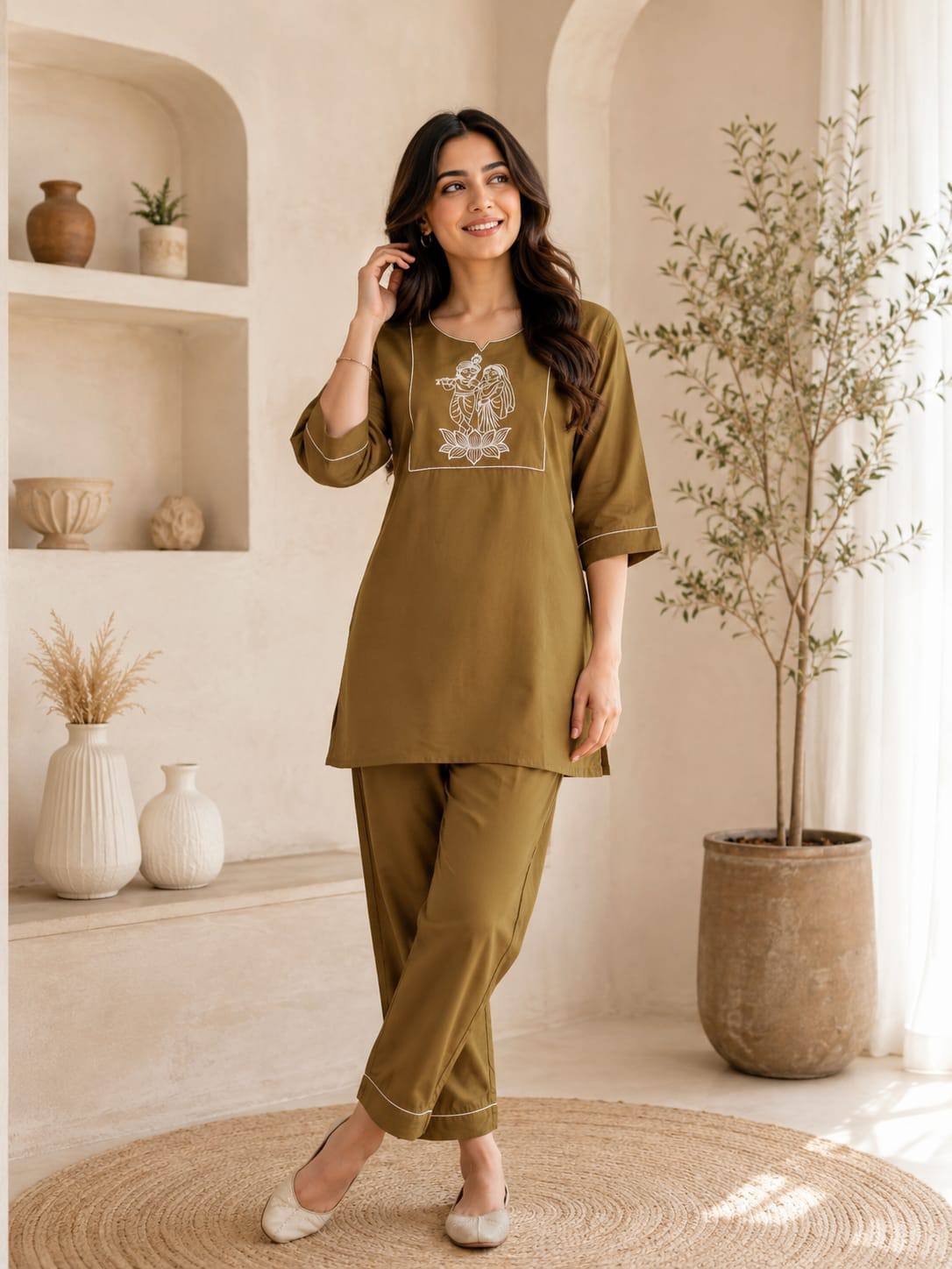 Apolyte Women's Olive Green Premium Slub Cotton Kurta Palazzo Set | Daily, Office & Casual Wear