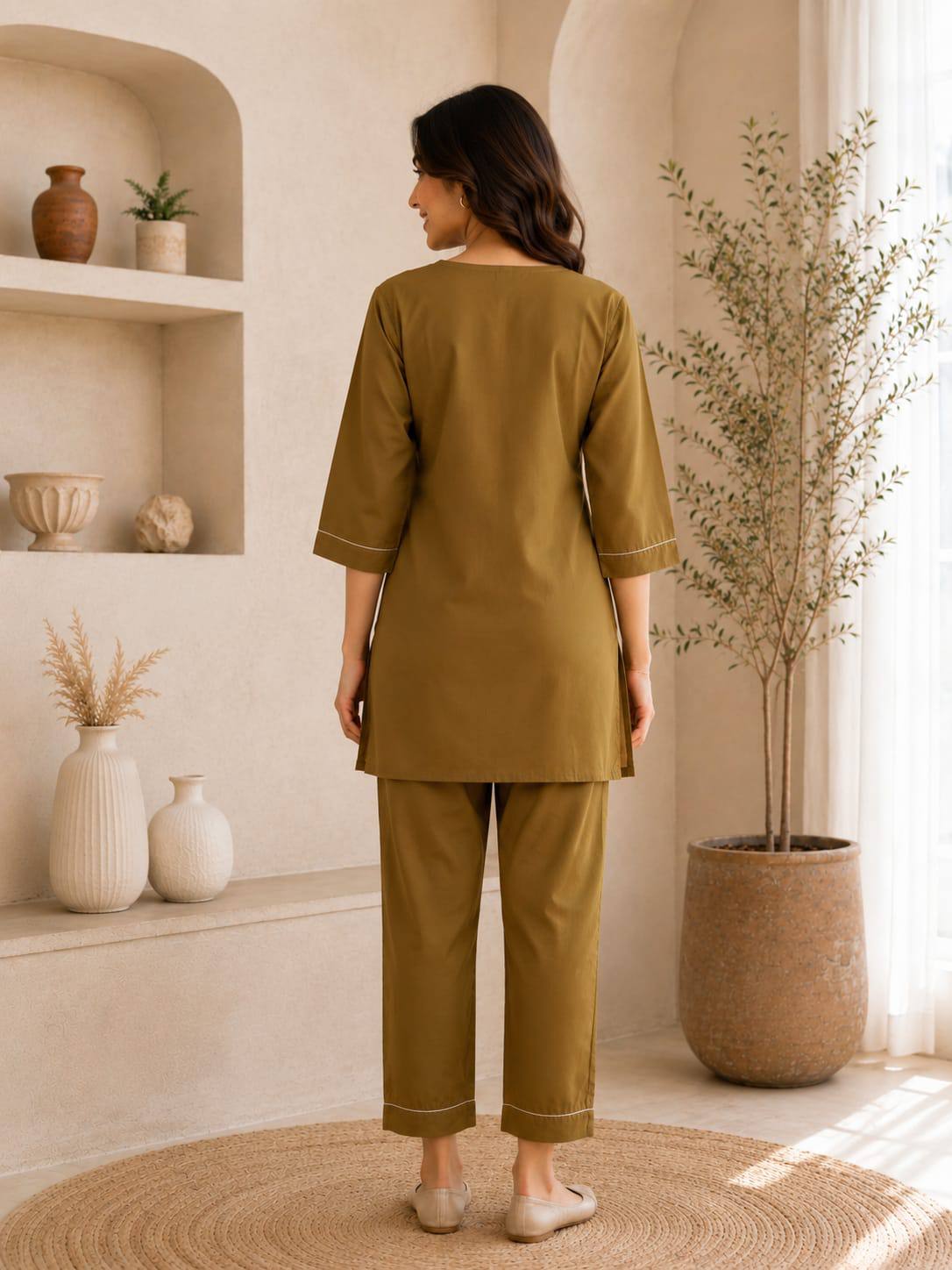 Apolyte Women's Olive Green Premium Slub Cotton Kurta Palazzo Set | Daily, Office & Casual Wear