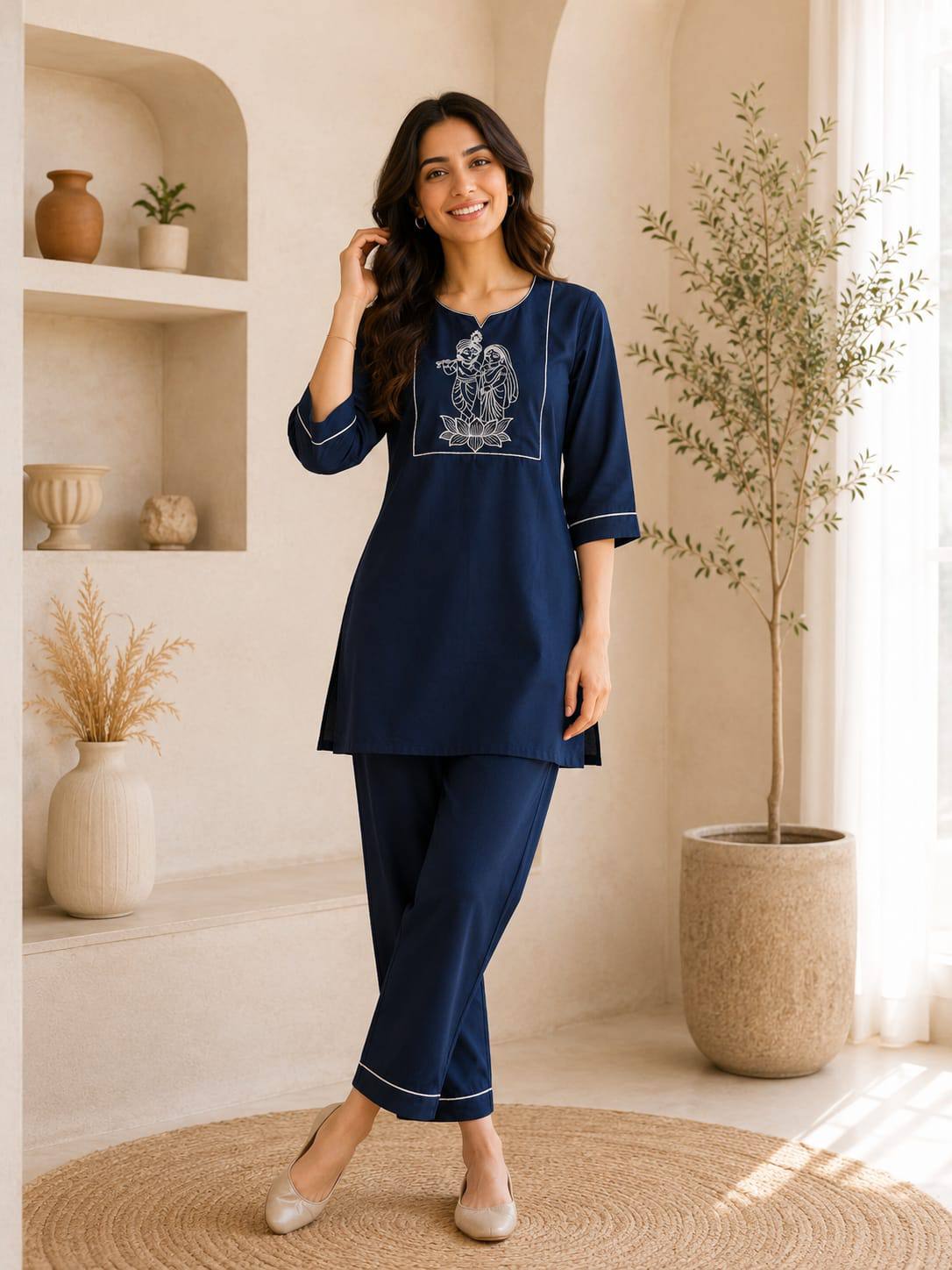 Apolyte Women's Navy Blue Premium Slub Cotton Kurta Palazzo Set | Daily, Office & Casual Wear